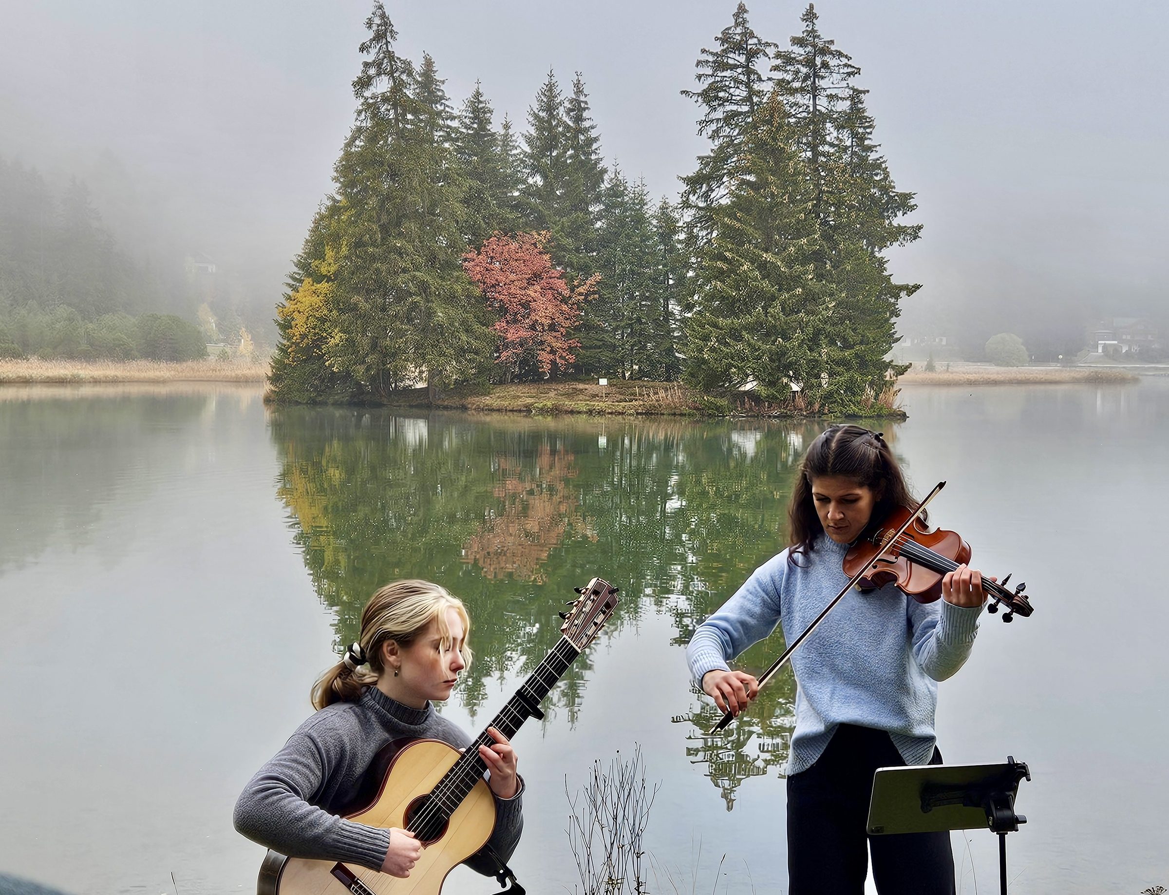 Twin Melodies performing by the lake